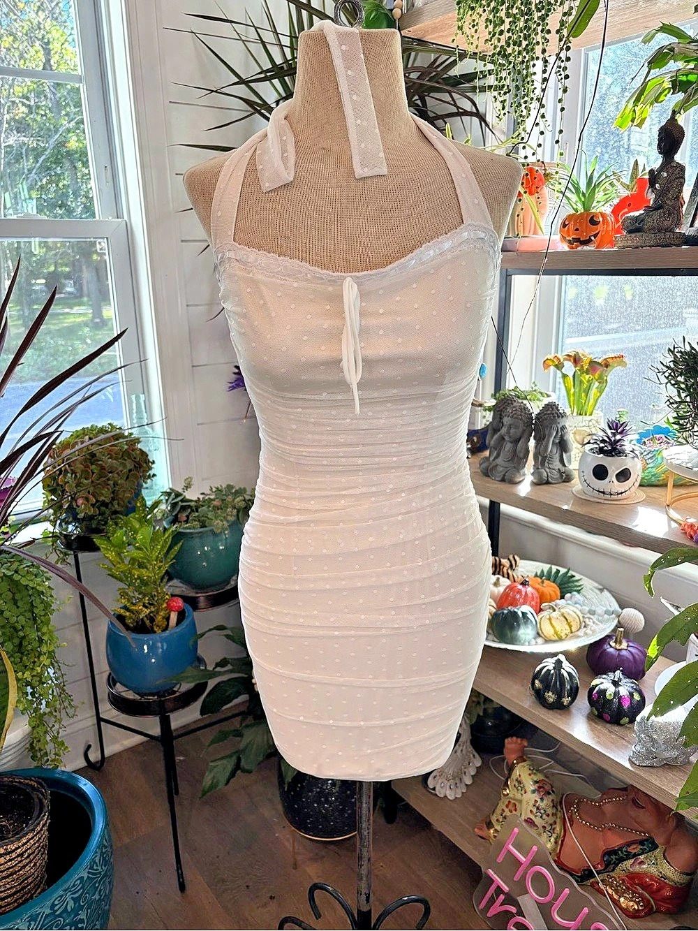 Lucy in the Sky Dotted Mesh Bodycon Dress Mini Dress White